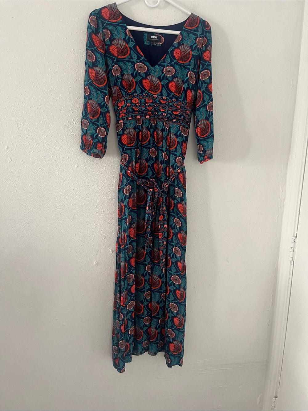 Anthropologie Teal Floral V-Neck Maxi Dress with Red Accents